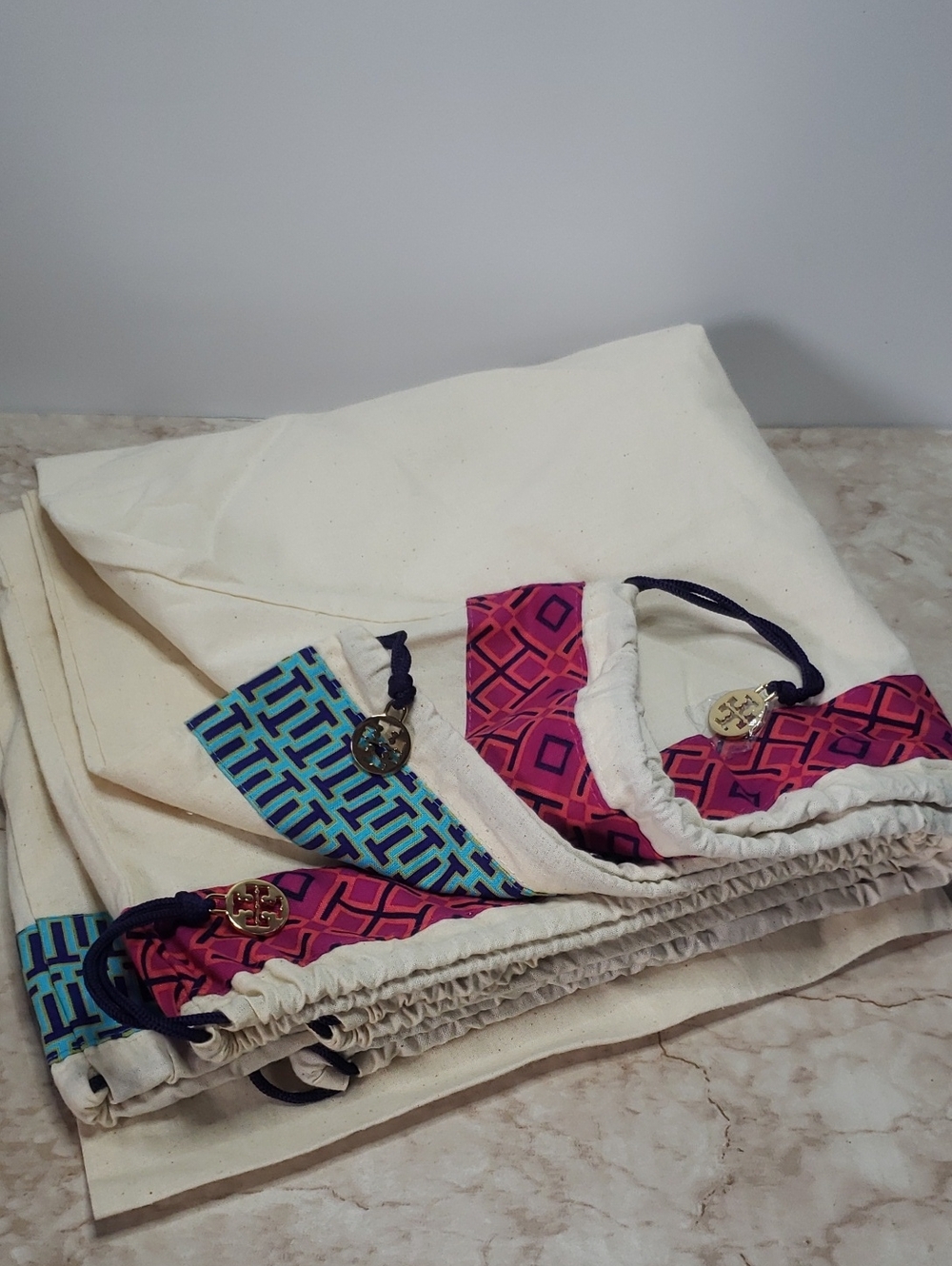Tory Burch Drawstring Dust Bags with Pink & Blue Trim Bundle